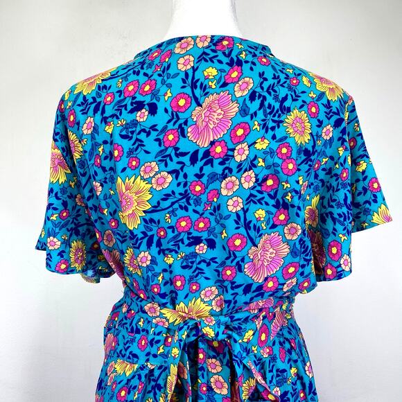 ZESICA Boho Chic Floral Mini Wrap Dress Womens Sz L Turquoise Blue Spring Summer - Picture 6 of 9